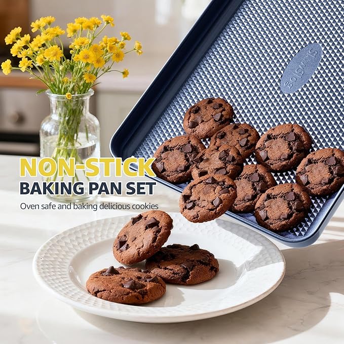 3Pcs Nonstick Baking Sheet, Baking Sheet Pan Set, Jelly Roll Pans, Cookies Sheet for Baking, Cookie Sheet Pan with Diamond Texture, Blue - Image 3