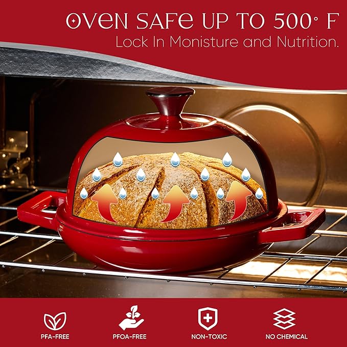 CAROTE Enameled Cast Iron Bread Dutch Oven, Round Bread Oven Pot with Dome Lid for Homemade Sourdough Bread Baking, Healthy & Non-Toxic, Dual Handles, All Stovetop Compatible, Oven Safe up to 500° F, 1.5 Quarts, 9 Inches, Red