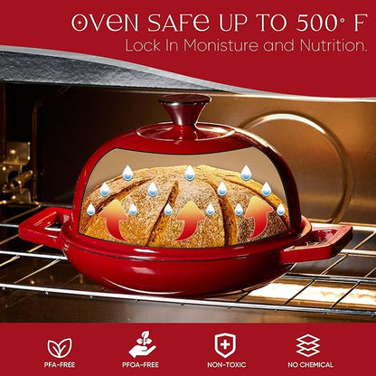 CAROTE Enameled Cast Iron Bread Dutch Oven, Round Bread Oven Pot with Dome Lid for Homemade Sourdough Bread Baking, Healthy & Non-Toxic, Dual Handles, All Stovetop Compatible, Oven Safe up to 500° F, 1.5 Quarts, 9 Inches, Red