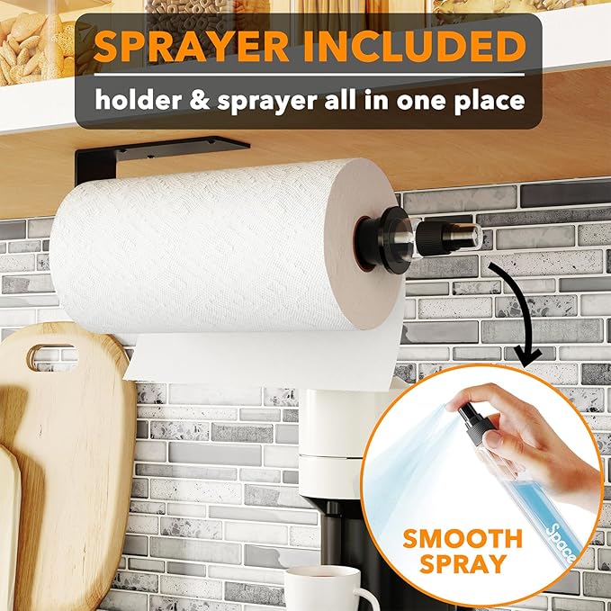SpaceAid SprayNeat Paper Towel Holder with Spray Bottle, Under Cabinet Paper Towels Holders with Sprayer Inside Center, Hanging Wall Mount Papertowels Roller for Kitchen (Black Spray, Black)