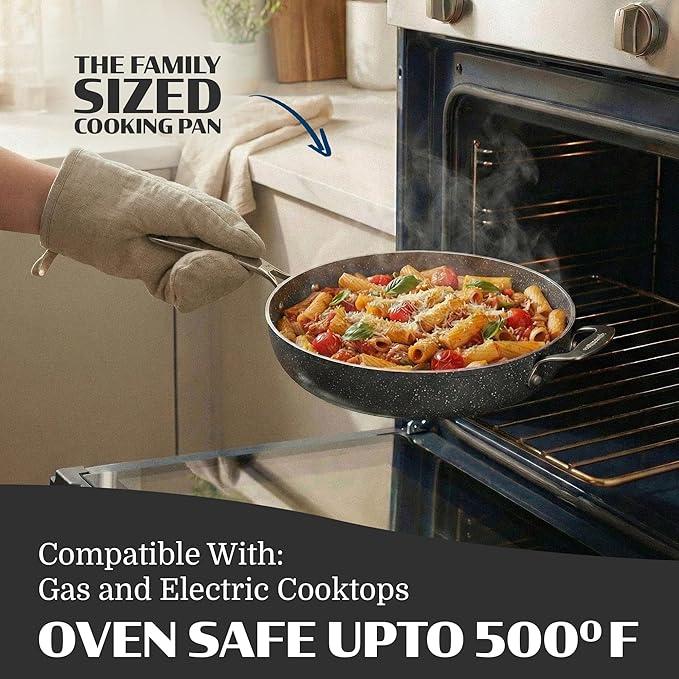 Granitestone Ceraluxe 14 Inch Frying Pan with Lid, Family Sized Large Frying Pan Skillet with Ceramic Nonstick Coating, Non Toxic PFOA Free, Oven and Dishwasher Safe - Black - Image 3