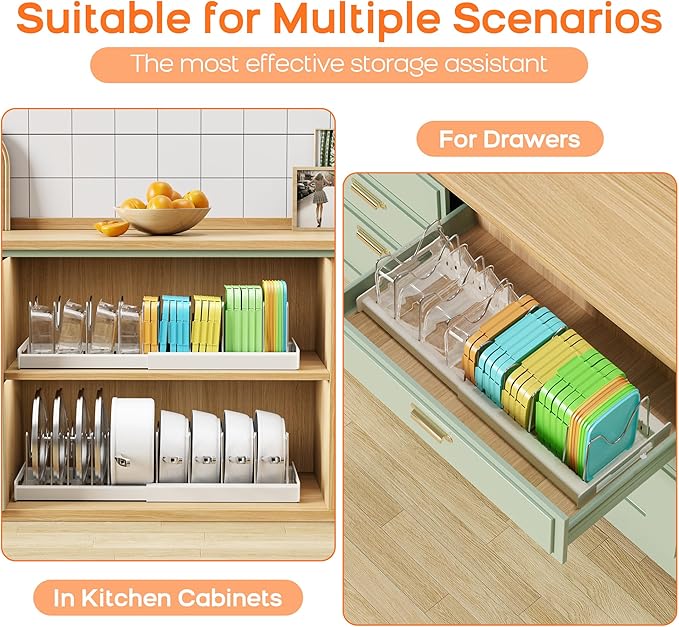 Nigelia Pots and Pans Organizer for Under Cabinet 22" Expandable Food Storage Container Lid Organizers with 10 Adjustable Dividers Pot and Pan Lid Holders Rack Inside Cabinet&Kitchen Countertop(White)