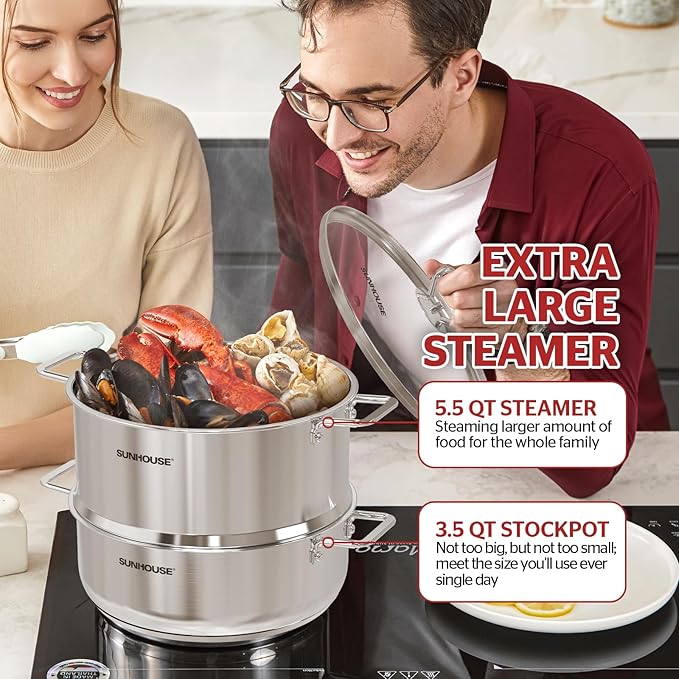 SUNHOUSE 2-Tier Stainless Steel Steamer Pot with Lid - Larger 5.5 QT Steamer & 3.8 QT Stockpot Base - Induction Ready, Compatible with All Cooktops - Multipurpose for Vegetables & Dumplings - Image 7