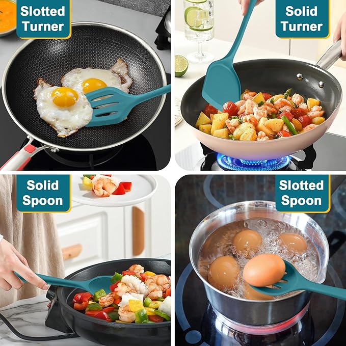 P&P CHEF Kitchen Utensil Set, 4 Pieces Non-stick Silicone Cooking Utensils, Heat-resistant Slotted Solid Spoon Turner for Frying, Mixing, Serving, Non-toxic & Easy to Clean, Blue - Image 4