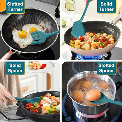 P&P CHEF Kitchen Utensil Set, 4 Pieces Non-stick Silicone Cooking Utensils, Heat-resistant Slotted Solid Spoon Turner for Frying, Mixing, Serving, Non-toxic & Easy to Clean, Blue - Image 4