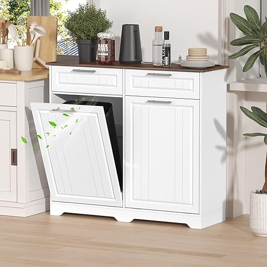 Double 10 Gallon Tilt Out Trash Can Cabinet with Deodorizing Function and Power Outlet, Wooden Hidden Garbage Can Holder with 2 Storage Drawers for Kitchen, Laundry Hamper Cabinet for Bathroom, White