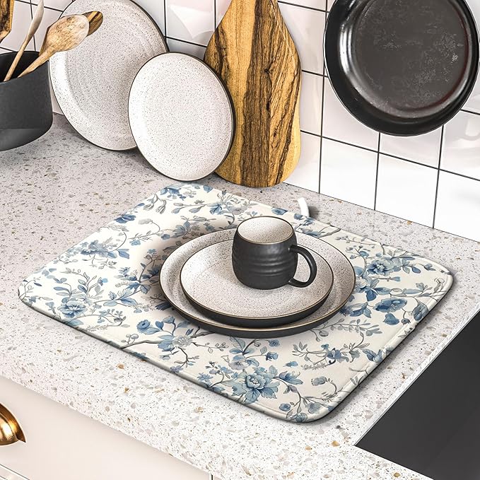 Chinoiserie Trees Dish Drying Mat for Kitchen Counter,Bule Bird Flowers Drying Mat 16 x 18 Inch with Absorbent Reversible Microfiber Drying Pad for Coffee Bar - Image 5