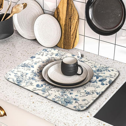 Chinoiserie Trees Dish Drying Mat for Kitchen Counter,Bule Bird Flowers Drying Mat 16 x 18 Inch with Absorbent Reversible Microfiber Drying Pad for Coffee Bar - Image 5