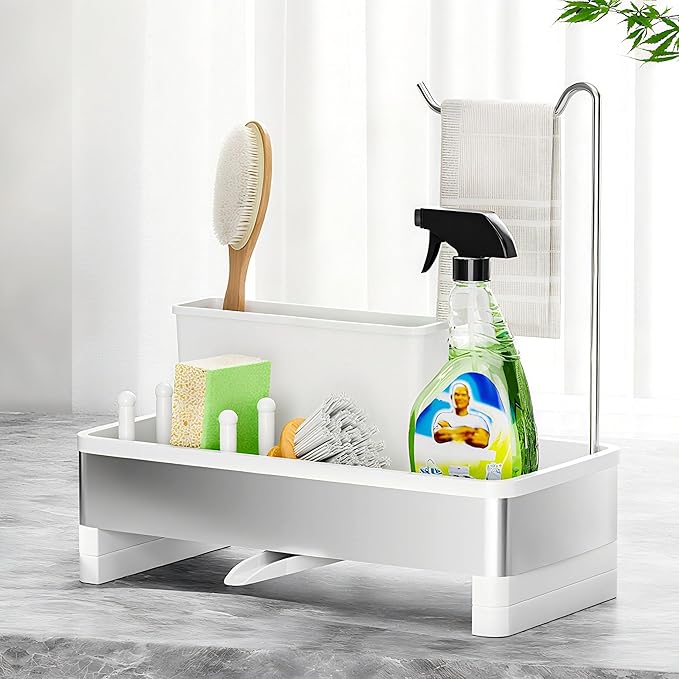 Ewaiira Stainless Steel Sink Caddy, Sponge Holder for Kitchen Sink with Brush Holder & Dishcloth Rack, Rustproof Sink Organizer Countertop, Kitchen Organizers Storage Essentials (E-White 9.8″) by EwaiiraHomeStorageOrganizer