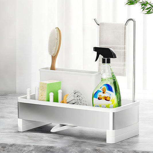 Ewaiira Stainless Steel Sink Caddy, Sponge Holder for Kitchen Sink with Brush Holder & Dishcloth Rack, Rustproof Sink Organizer Countertop, Kitchen Organizers Storage Essentials (E-White 9.8″) by EwaiiraHomeStorageOrganizer