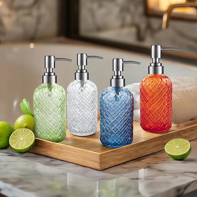14 Oz Refillable Glass Soap Dispenser with Rust Proof Stainless Steel Pump, for Dispense Hand soap, Body wash, Lotion (Orange)