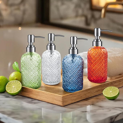 14 Oz Refillable Glass Soap Dispenser with Rust Proof Stainless Steel Pump, for Dispense Hand soap, Body wash, Lotion 2pack (Orange)