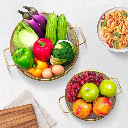 2PCS Gold Strainer for Kitchen, 3QT and 5QT, Stainless Steel Colander with Handle for Fruits Vegetables Cooking Food, Dishwasher Safe