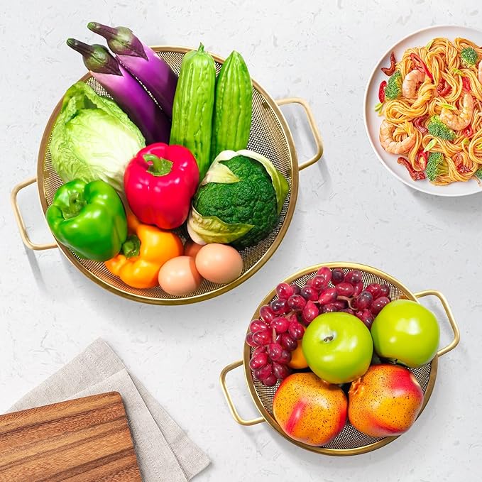 Gold Strainer for Kitchen, 3QT, Stainless Steel Colander with Handle for Fruits Vegetables Cooking Food, Dishwasher Safe