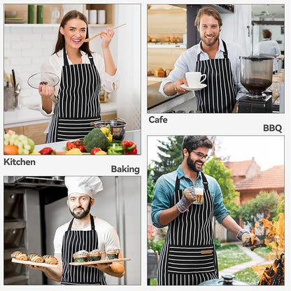 NLUS 2 Pack Cooking Aprons for Women with Pockets Adjustable Kitchen Bib Aprons for Women Men Chef, Black/White Stripe (Classic Black/White Stripes) - Image 7