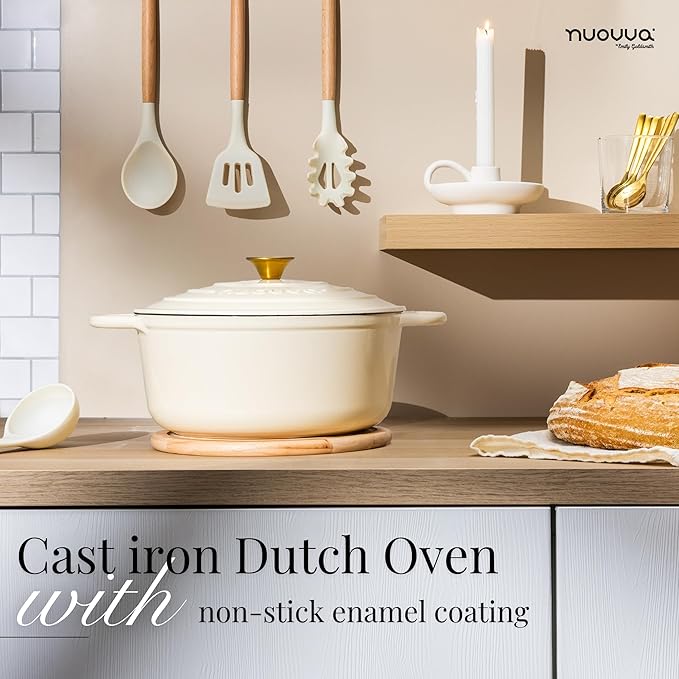 Cast Iron Pot with Lid – Non-Stick Ovenproof Enamelled Casserole Pot, Oven Safe up to 500° F – Sturdy Dutch Oven Cookware – Cream, 5-Quart, 24cm – by Nuovva - Image 6