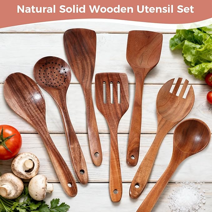 Wooden Spoons for Cooking - 7 Pieces Wooden Kitchen Utensils Set, Smooth Natural Teak Wood Utensil Set, Nonstick Heat-Resistant Cooking Utensils - Lightweight & Sturdy, Wooden Spatula for Cooking - Image 8
