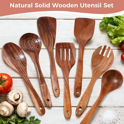 Wooden Spoons for Cooking - 7 Pieces Wooden Kitchen Utensils Set, Smooth Natural Teak Wood Utensil Set, Nonstick Heat-Resistant Cooking Utensils - Lightweight & Sturdy, Wooden Spatula for Cooking - Image 8