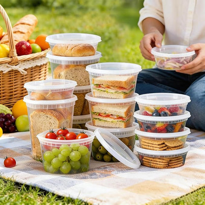 BYSNOW 60 Sets Deli Containers with Lids, 32/16/8 oz X 20 Set Each, Leak-Proof & BPA Free Airtight Stackable Takeout Plastic Food Storage Containers, Freezer/Microwave/Dishwasher Safe