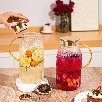 Amzcku Glass Pitcher with Lid, 68 oz/ 2 Liter 2Pack Vintage Water Pitcher,Glass Water Carafe for Cold Brew, Coffee, Lemonade, Iced Tea,Beverage, Heat Resistant Jug