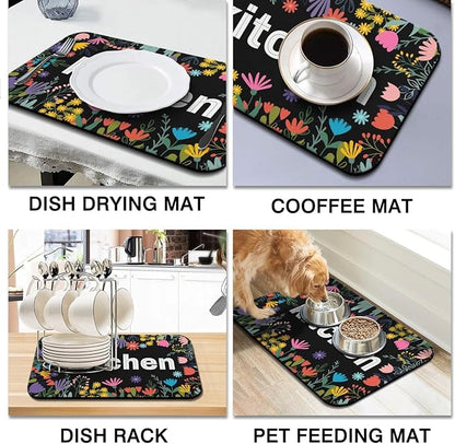 Dish Drying Mat for Kitchen Counter 2 Pack with Non-Slip Rubber Backing - Heat-Resistant Absorbent Coffee Bar Mat, Dish Rack Mat, Black Kitchen Flowers Dish Drying Mats 18x24+19.5x12 inch