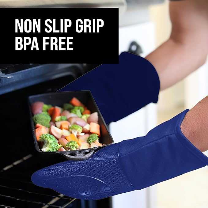 BPA-Free Soft Silicone Oven Mitts - Ultra Heat Resistant Oven Mitts with Thick Cotton Liner - Long Slip Resistant Pot Holders, Flexible Oven Gloves - Royal Blue 13.7" - Image 5