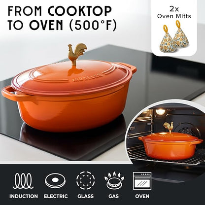 MUELLER HOME 5.5 Quart Enameled Cast Iron Oval Dutch Oven w Rooster Knob & Cotton Potholders, Heavy-Duty Cookware, Oven-Safe up to 500° F & Across All Cooktops, Gifts for Grandma & Women, Orange - Image 4