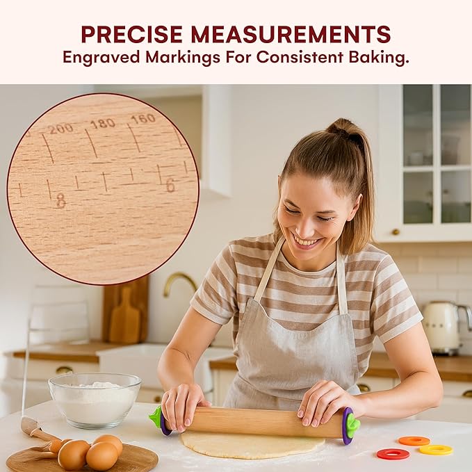 Kitchtic Rolling Pin with Thickness Rings - Adjustable Wooden Rolling Pin - Baking Essential and Roller Tool - Consistent Thickness - Easy to Clean - Beechwood Material - 13.7 x 2.75 x 2.75 inches - Image 6