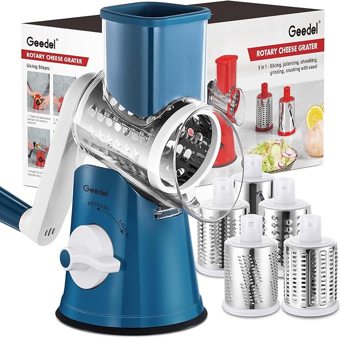 Geedel Rotary Cheese Grater Cheese Shredder - Upgraded 5-in-1 Cheese Grater with Handle and Strong Suction Base, Multi-purpose Vegetable Slicer Ice Shaver Nuts Grinder for Ice, Vegetables, Fruit, Nuts by Geedel