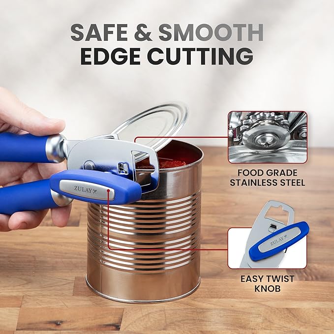 Zulay Kitchen Heavy Duty Stainless Steel Can Opener Manual with Bottle Opener - Rust Proof Manual Can Opener With Turn Knob & Comfy Soft Grip Handles - Royal Blue - Image 4