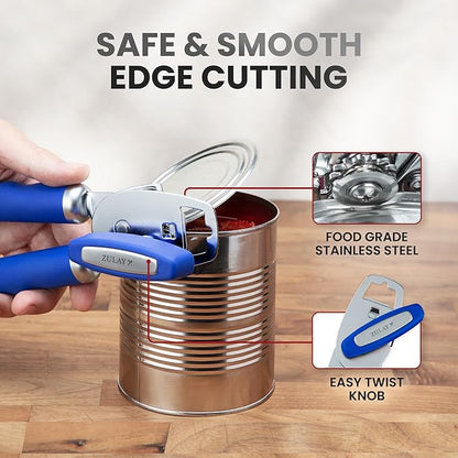 Zulay Kitchen Heavy Duty Stainless Steel Can Opener Manual with Bottle Opener - Rust Proof Manual Can Opener With Turn Knob & Comfy Soft Grip Handles - Royal Blue - Image 4