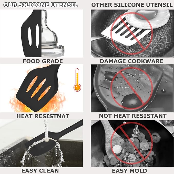 Silicone Kitchen Cooking Utensils Set Kitchen Spatula Set with Holder,5 pcs Heat Resistant Silicone Kitchen Utensils Gadgets Tools Set for Nonstick Cookware,Dishwasher Safe (Black) - Image 5