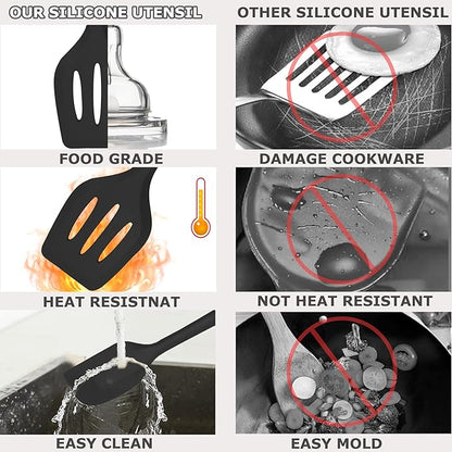 Silicone Kitchen Cooking Utensils Set Kitchen Spatula Set with Holder,5 pcs Heat Resistant Silicone Kitchen Utensils Gadgets Tools Set for Nonstick Cookware,Dishwasher Safe (Black) - Image 5
