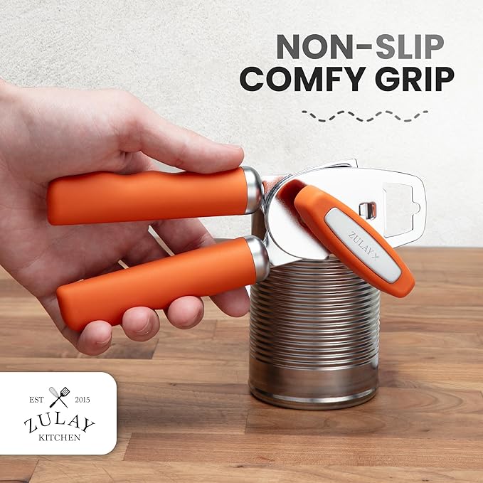 Zulay Kitchen Heavy Duty Stainless Steel Can Opener Manual with Bottle Opener - Rust Proof Manual Can Opener With Turn Knob & Comfy Soft Grip Handles - Orange - Image 5