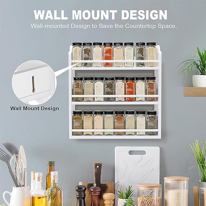 3 Tier Bamboo Spice Rack, Spice Rack Organizer, Seasoning Jars Rack Shelf Spice Organizer for Kitchen Counter or Wall Mounting, Spice Storage Holder with handles, Jars Not Included, White - Image 5
