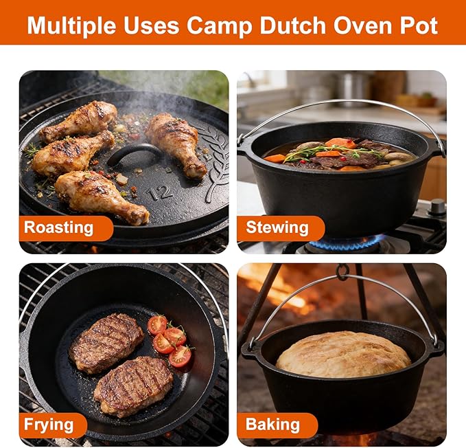 8QT Pre-Seasoned Cast Iron Camp Dutch Oven with Lid, Large Camping Dutch Oven Pot, incl. Lid Lifter - Dual Handles - for Outdoor Campfire, Grill, Oven & Stovetop Cooking-Black - Image 6