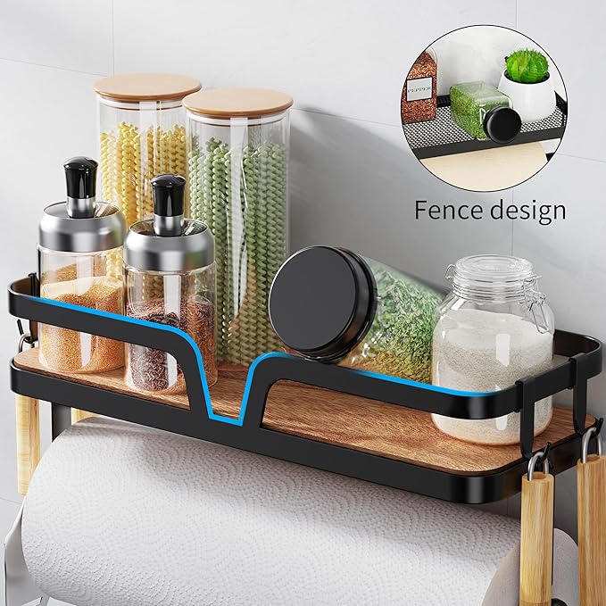 Taozun Paper Towel Holder Wall Mount, Kitchen Paper Holder Spice Rack Black Paper Towel Roll Holder RV Paper Towel Rack with 4 Hooks(2 Installation Methods - Self-Adhesive and Drilling)