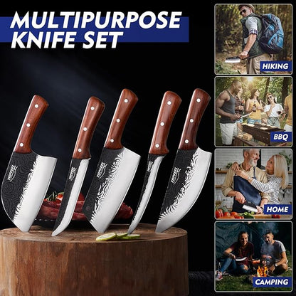 Topfeel Butcher Knife Set 5PCS, Hand Forged Kitchen Knives Set Serbian Chef Knife Set, Meat Cleaver Boning Carving Knives Set for Home、Camping、BBQ - Image 4