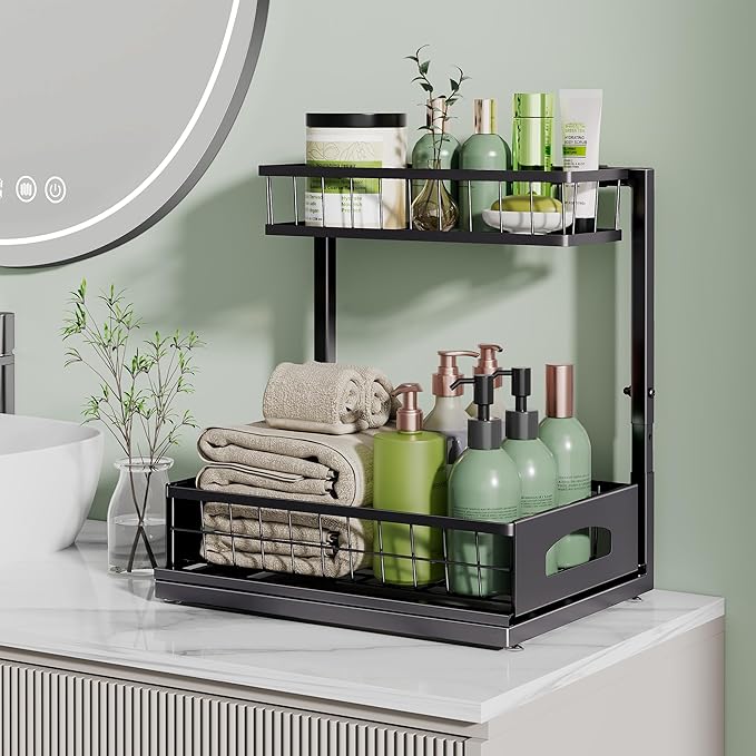 Under Sink Organizer, Cabinet Organizer for Kitchen, Height Adjustable Pull Out Heavy Duty 2 Tier Metal Under Sink Storage for Bathroom Pantry (Black, 1 Pack) - Image 7
