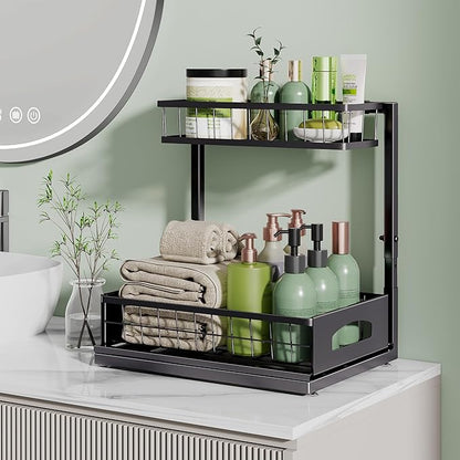 Under Sink Organizer, Cabinet Organizer for Kitchen, Height Adjustable Pull Out Heavy Duty 2 Tier Metal Under Sink Storage for Bathroom Pantry (Black, 1 Pack) - Image 7