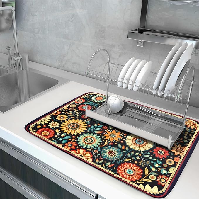 Boho Floral Dish Drying Mat for Kitchen Counter Absorbent Microfiber Flowers Drying Pad 18 X 24 In - Image 5