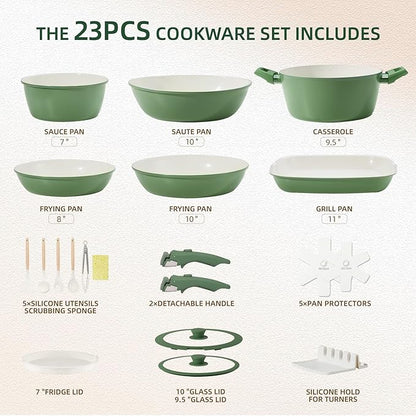 BECIGAR 23pcs Ceramic Pots and Pans Set, Nonstick Detachable Handle Cookware, Induction Kitchen Cooking Set with Removable Handle,include Frying Pans & Saucepans Oven Safe(Green) - Image 2