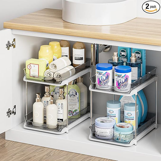 Delamu 2-Tier Multi-Purpose Bathroom Under Sink Organizers and Storage, Stackable Kitchen Pantry Organization, Pull Out Medicine Cabinet Organizer with Movable Dividers, Grey, 2 Pack by DELAMU