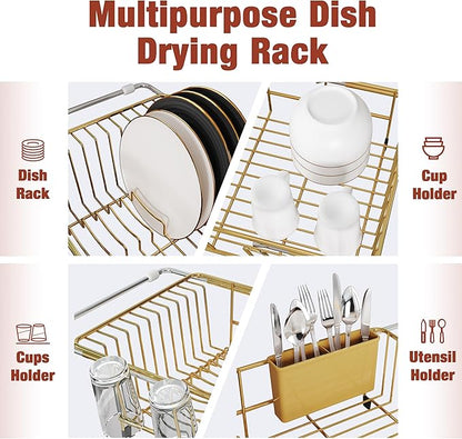 JASIWAY Gold in Sink Dish Drying Rack, Expandable Stainless Steel Small Dish Rack Over Kitchen Sink, Plate Drainer Strainer with Cutlery Holder & Cup Holders, Counter Space Saving Wire Dryer Rack - Image 6
