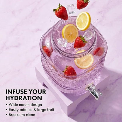 Beverage Dispenser 1 Gallon, Glass Drink Dispenser with Wooden Base Stand, Wide Mouth Jar for Lemonade, Iced Tea, Infused Water, Vintage Kitchen Decor - Lavender