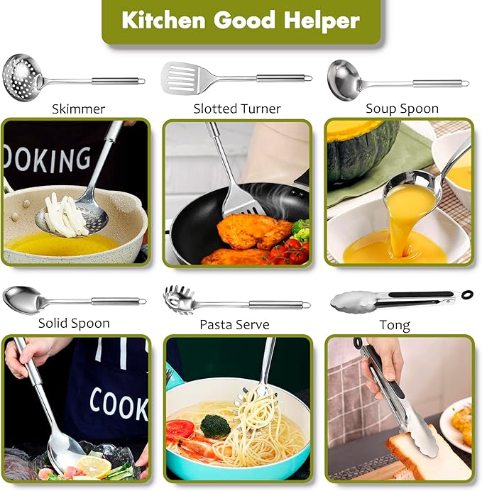Stainless Steel Kitchen Utensils Set - 12pcs Cooking Utensils Set with Holder, Heat Resistant Kitchen Tool Set for Cooking with Turners, Potato Masher, Spatula, Spoons, Tongs, Whisk - Image 8