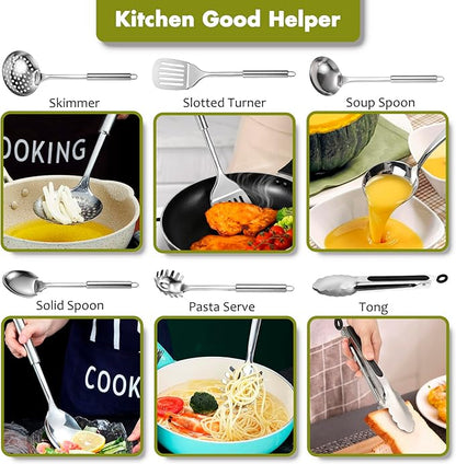 Stainless Steel Kitchen Utensils Set - 12pcs Cooking Utensils Set with Holder, Heat Resistant Kitchen Tool Set for Cooking with Turners, Potato Masher, Spatula, Spoons, Tongs, Whisk - Image 8