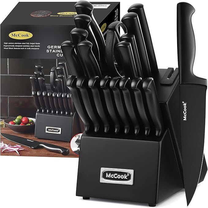 McCook® Premium Black Knife Sets,German Stainless Steel Kitchen Knives Block Set with Built-in Sharpener by McCook