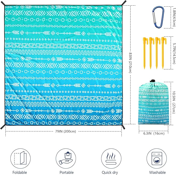 WIWIGO Beach Blanket Waterproof Sandproof Beach Mat 79" X 83"/10'x9'for 2-8 Adults Quick Drying Outdoor Picnic Mat Beach Accessories for Travel, Camping, Hiking - Image 2