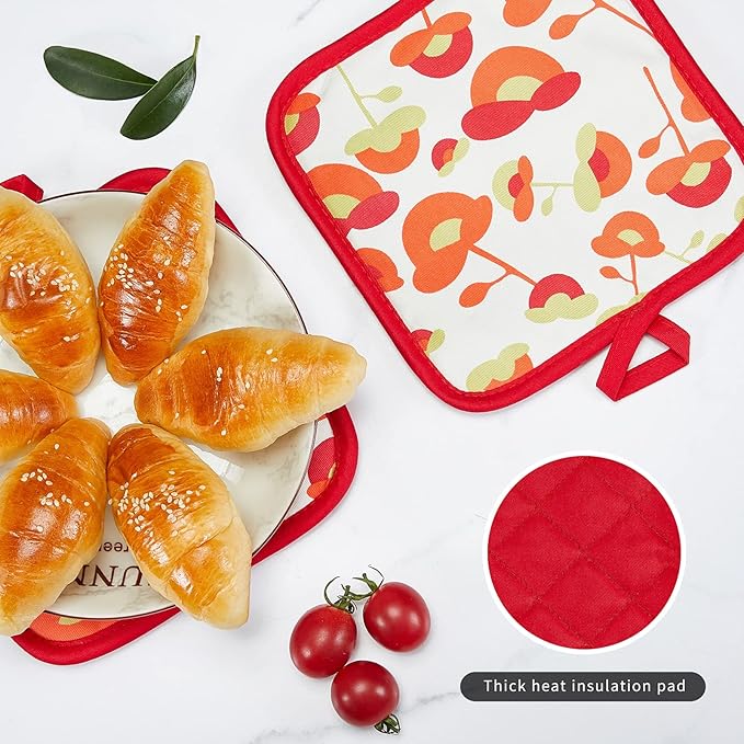 Oven Mitts and Potholders Dish Towles Set 100% Cotton for Perfect for Gifting, Baking, and Everyday Cooking Durable Heat Resistant for Kitchen and Machine Washable (3-Piece Red Flower) - Image 7